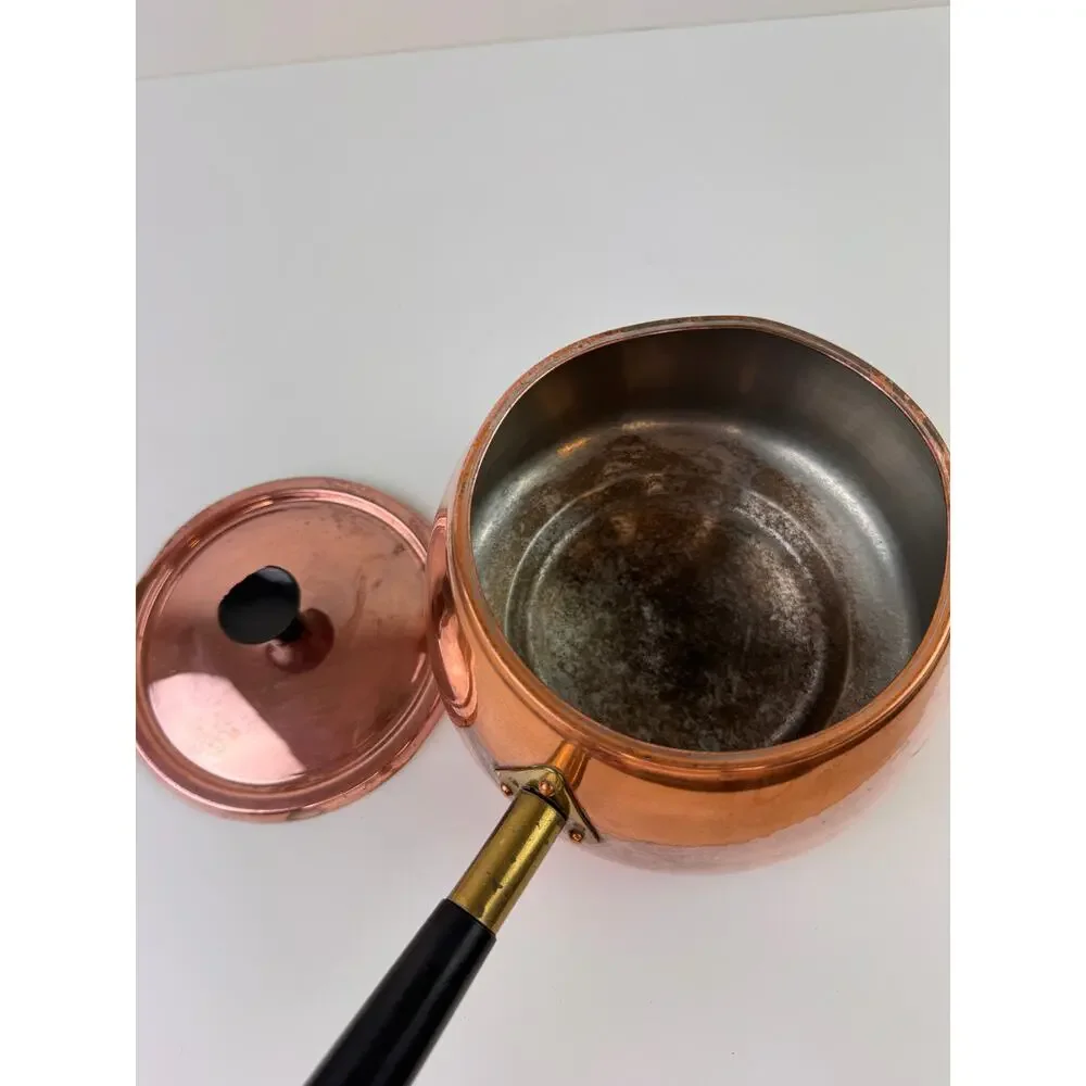 Vintage MCM Solid Copper Pot Rose Gold Metal Wooden Handle Lid Made In Portugal